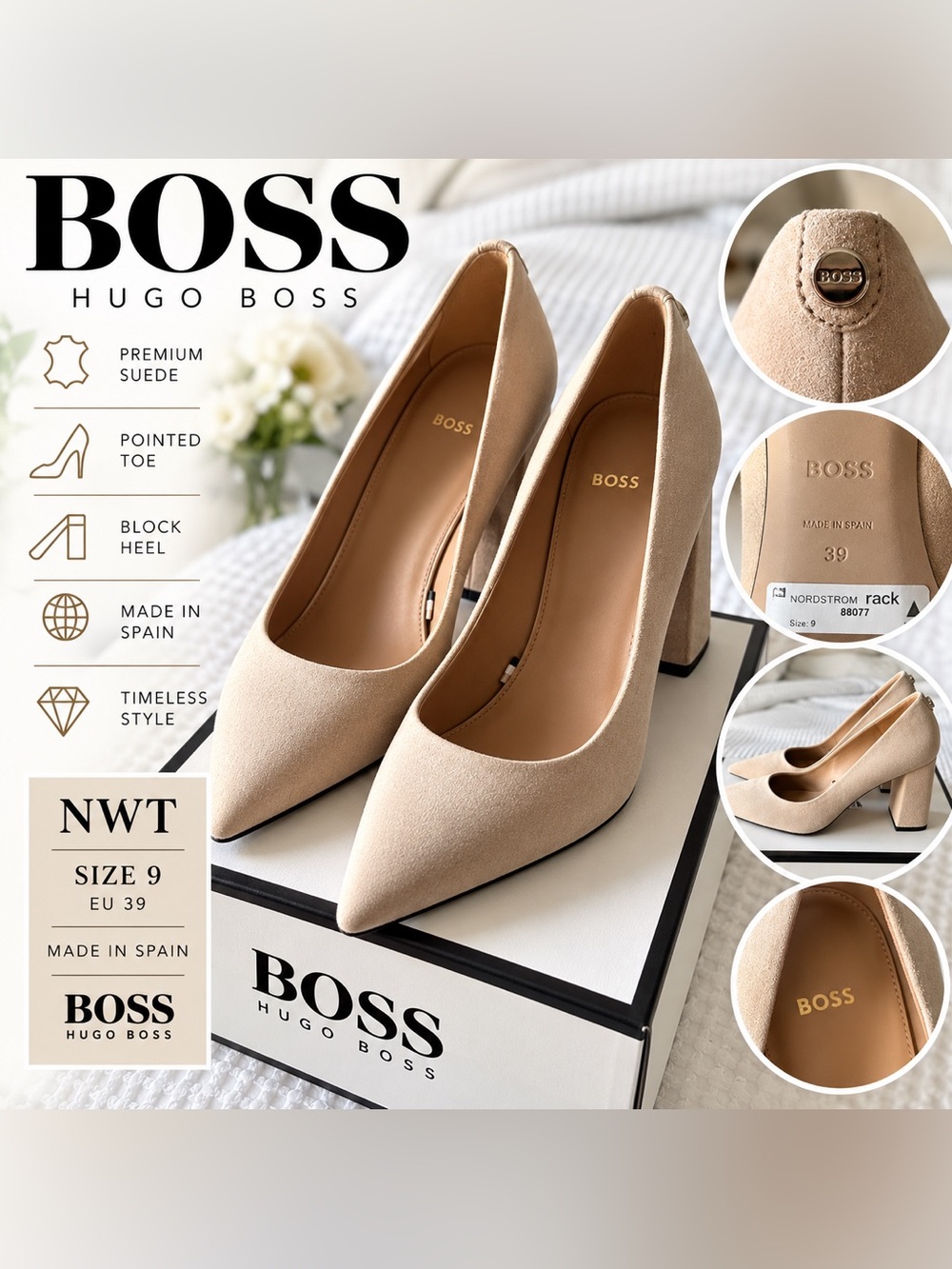 NWT BOSS Hugo Boss Size 9 Nude Suede Pointed Toe Block Heel Pumps